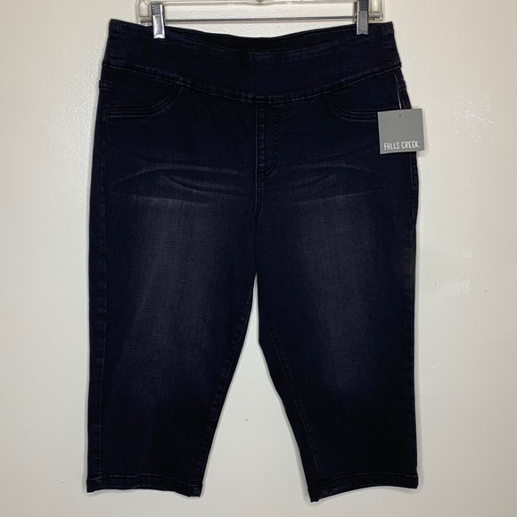 FALLS CREEK Pull-On Capri Jeans Charcoal Black Flat Front Stretchy NWT Large - Picture 1 of 13